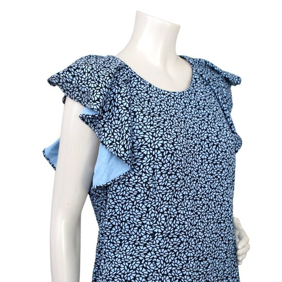 Lands' End Floral Dress Stretch Ruffle Sleeve Ditsy Flower Zip Back Stretch Blue - Picture 3 of 11